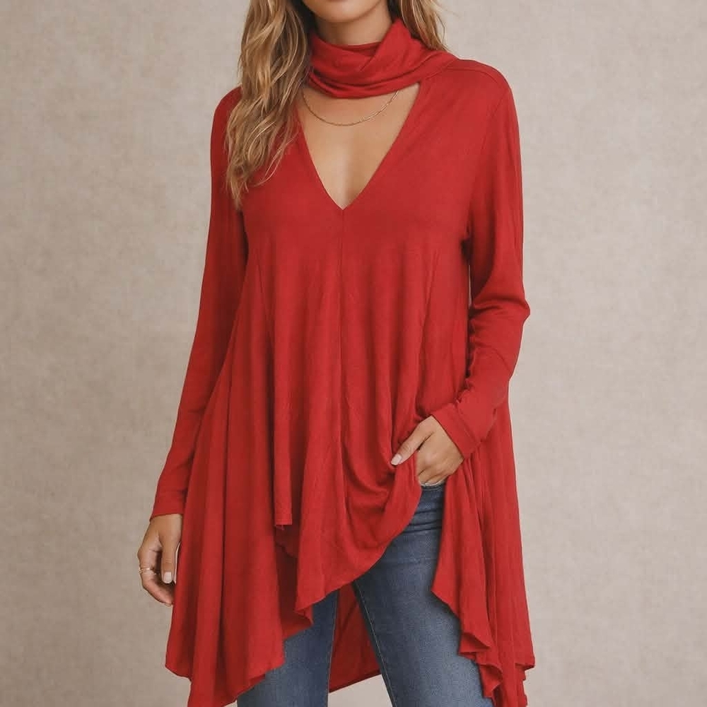 Free People Tunic Top Dress Sz M Red Cocktail Sexy Uptown Asymmetrical Raw Hem